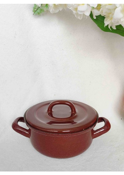 Kahverengi Çilli Mini Emaye Tencere 750 ml 16 cm Çap Yoğurt Mama Artan Yemek Tenceresi