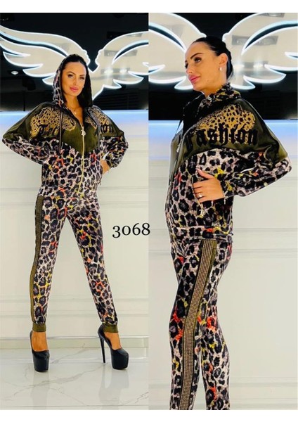 Omuz Çift Leopar Crystal Taşlı Kadife Eşofman Takımı - Haki