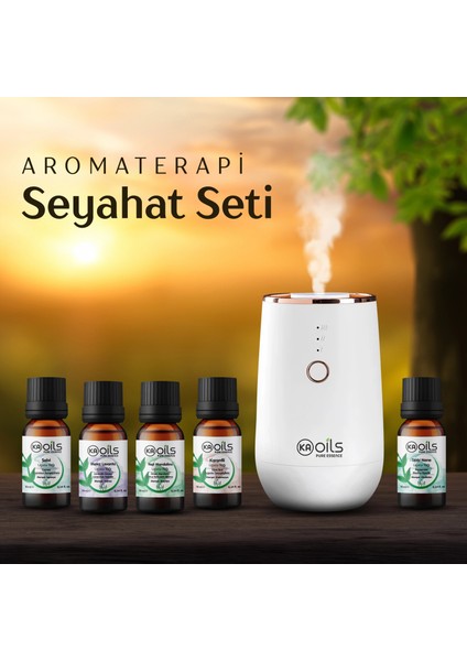 Aromaterapi Seyahat Seti - Difüzör ve 5 Saf Uçucu Yağ (Selvi + Melez Lavanta + Yeşil Mandalina + Karanfil + Tıbbi Nane) 10 ml