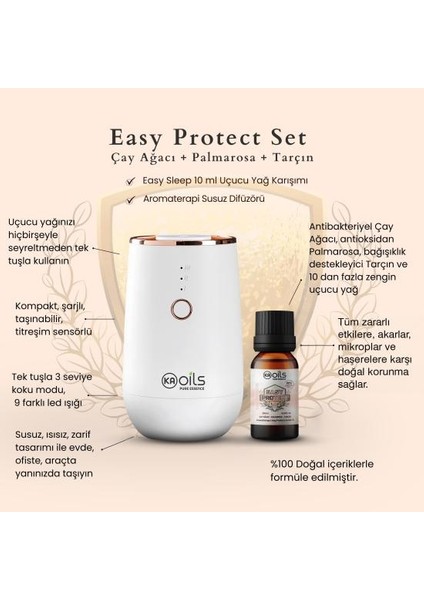 Easy Protect Set (Aromaterapi Difüzörü+ Easy Protect Uçucu Yağ Karışımı 10 ml Çay Ağacı + Palmarosa + Tarçın)
