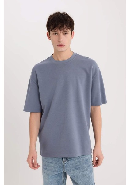 Oversize Geniş Kalıp Bisiklet Yaka Kısa Kollu Basic Düz Ağır Kumaş Tişört Gri modelleri