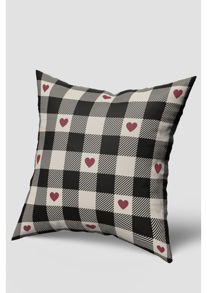 Kırmızı Siyah Kare Kalp Desenli Kırlent Kılıfı