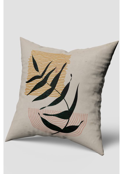 Krem Siyah Bohem Yaprak Desenli Kırlent Kılıfı