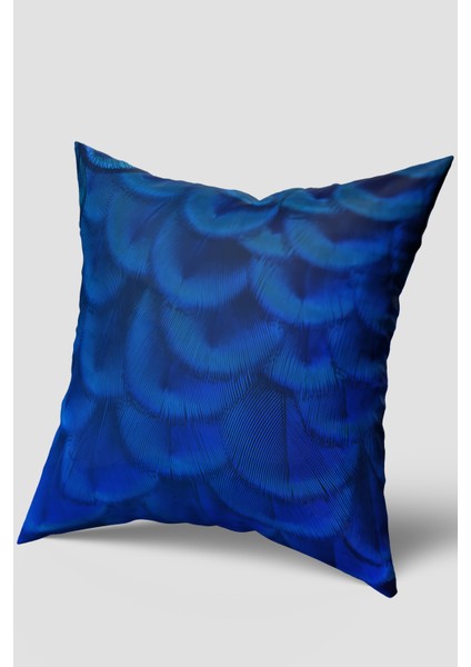 Mavi Tropikal Tavus Kuşu Tüyü Desenli Kırlent Kılıfı