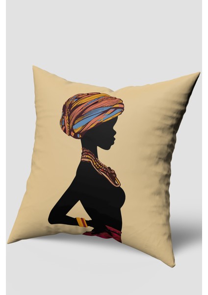 Krem Etnik Afrika Kadın Figürlü Kırlent Kılıfı