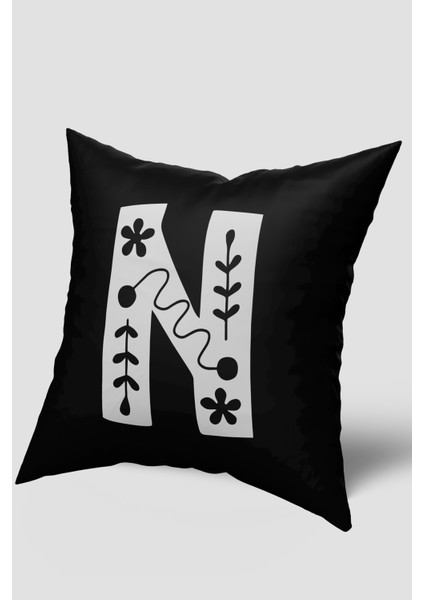 Siyah Beyaz N Harfli Kırlent Kılıfı