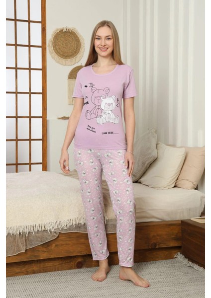 Ayıcık Baskılı Lila Kadın Pijama Takımı