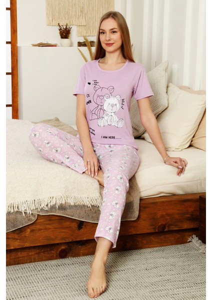 Ayıcık Baskılı Lila Kadın Pijama Takımı