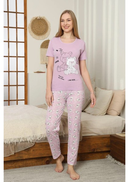 Ayıcık Baskılı Lila Kadın Pijama Takımı