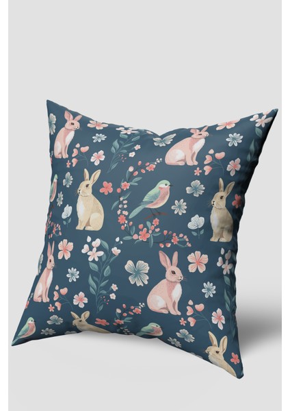 Pembe Krem Tavşan Kuş Figürlü Kırlent Kılıfı