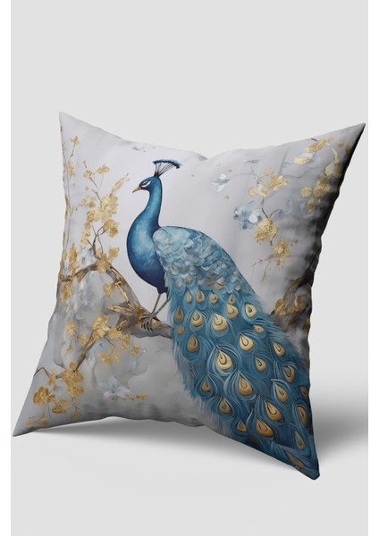 Sarı Mavi Tropikal Tavus Kuşu Desenli Kırlent Kılıfı