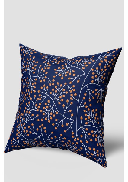 Lacivert Turuncu Çiçek Desenli Kırlent Kılıfı