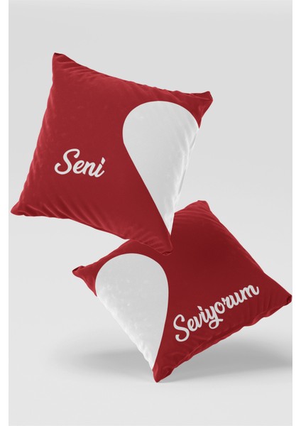 Kırmızı Beyaz Seni Seviyorum Yazılı 2'li Kırlent Kılıfı Set