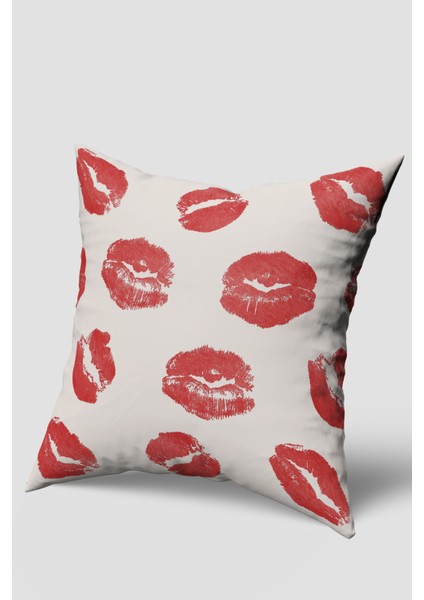 Kırmızı Öpücük Desenli Kırlent Kılıfı