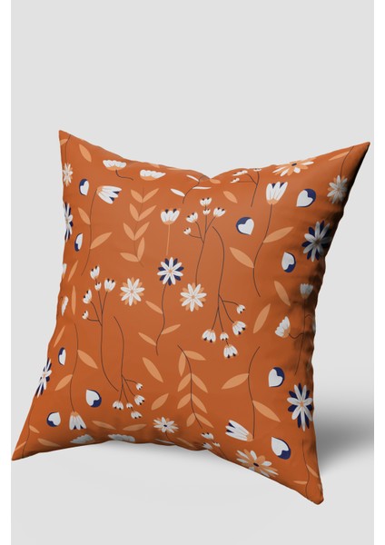 Turuncu Krem Çiçek Desenli Kırlent Kılıfı