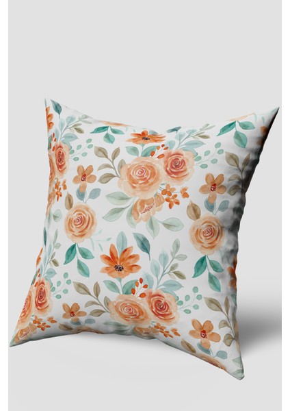 Turuncu Yeşil Modern Çiçek Desenli Kırlent Kılıfı