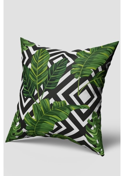 Yeşil Siyah Tropikal Kare Yaprak Desenli Kırlent Kılıfı