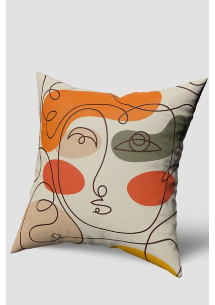 Yeşil Turuncu Yüz Figürü Desenli Kırlent Kılıfı