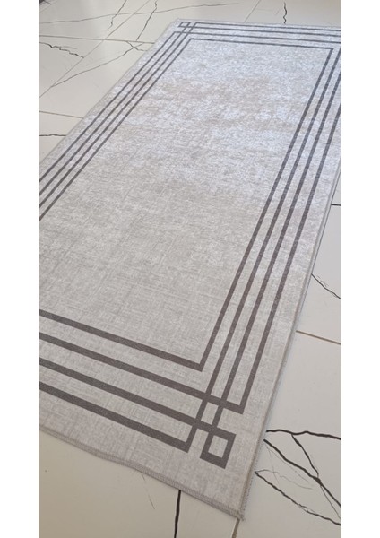 70 x 140 Dijital Baskılı Modern Çerçeve Desenli Yolluk – Gri Zeminli, Kaymaz Taban, Silinebilir Minimal Halı