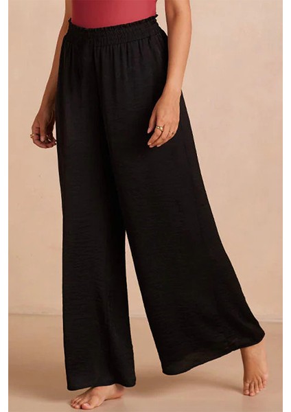 x Nurbeli Siyah Bel Lastikli Ispanyol Paça Geniş Beden Aralıklı Pantolon modelleri