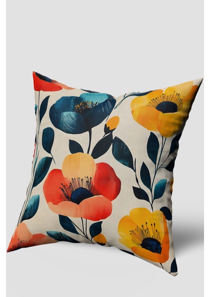 Turuncu Mavi Dekoratif Çiçek Desenli Kırlent Kılıfı