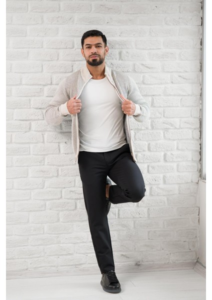 Dik Yaka Çizgili Fermuarlı Regular Fit Yünlü Triko Hırka