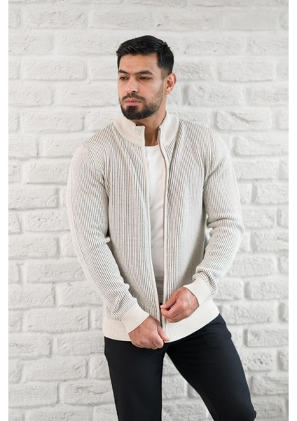 Dik Yaka Çizgili Fermuarlı Regular Fit Yünlü Triko Hırka fiyatları