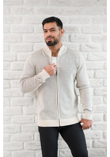 Dik Yaka Çizgili Fermuarlı Regular Fit Yünlü Triko Hırka modelleri