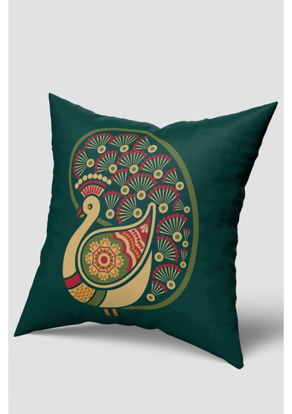 Yeşil Krem Etnik Tavus Kuşu Figürlü Kırlent Kılıfı