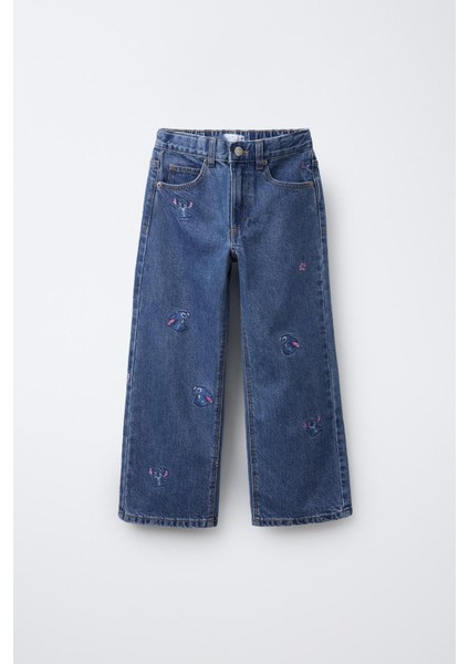 Kız Çocuk Stitch Işlemeli Kot Pantolon