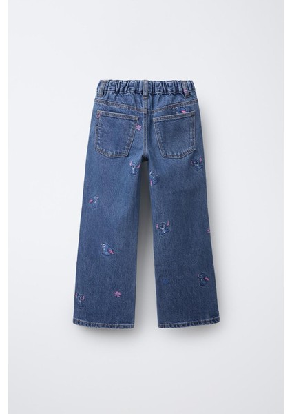 Kız Çocuk Stitch Işlemeli Kot Pantolon