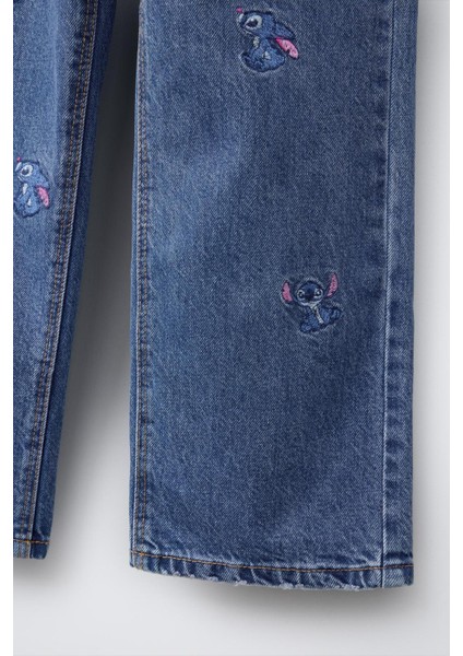 Kız Çocuk Stitch Işlemeli Kot Pantolon