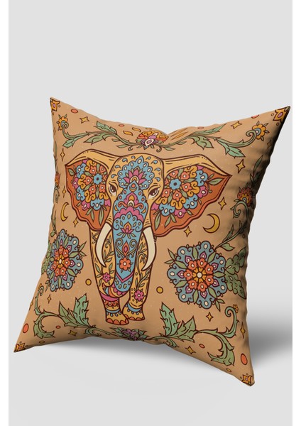 Turuncu Yeşil Etnik Fil Desenli Kırlent Kılıfı