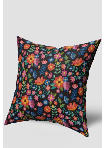 Siyah Turuncu Modern Çiçek Desenli Kırlent Kılıfı