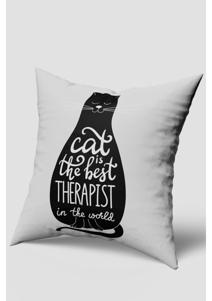 Siyat Beyaz Cat Yazılı Kedi Figürlü Kırlent Kılıfı