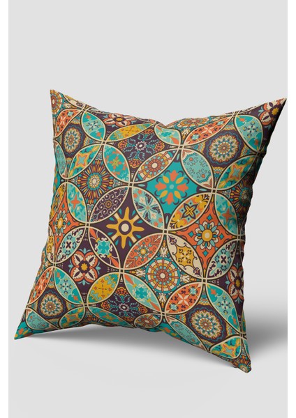 Turuncu Mavi Retro Vintage Desenli Kırlent Kılıfı