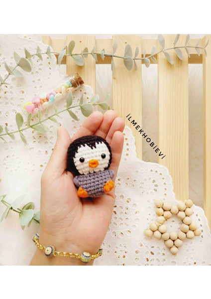 Amigurumi Sevimli Penguen Anahtarlık-Organic Oyuncak Gri 6cm (1 Adet)