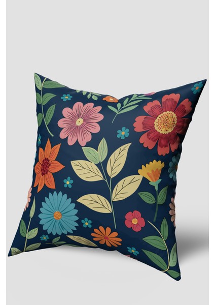 Lacivert Yeşil Modern Çiçek Desenli Kırlent Kılıfı