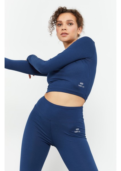 İndigo Yüksek Bel Uzun Kollu Slim Fit Crop Top Kadın Tayt Takım - 95286 modelleri