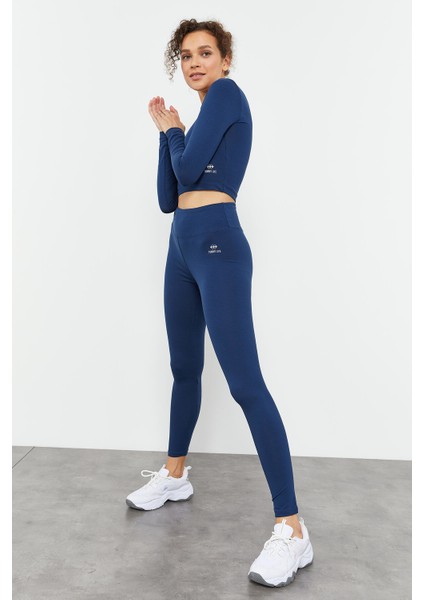 İndigo Yüksek Bel Uzun Kollu Slim Fit Crop Top Kadın Tayt Takım - 95286 fırsatları