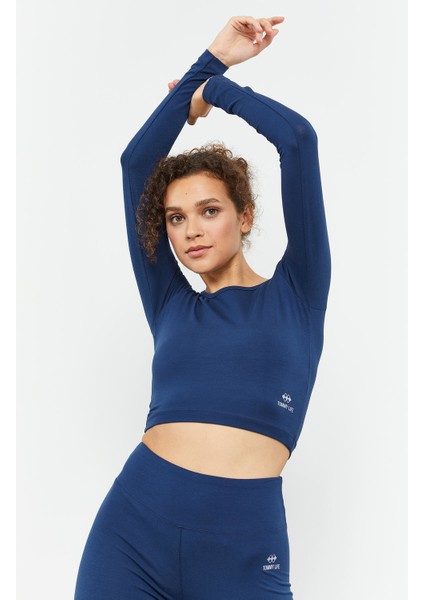 İndigo Yüksek Bel Uzun Kollu Slim Fit Crop Top Kadın Tayt Takım - 95286