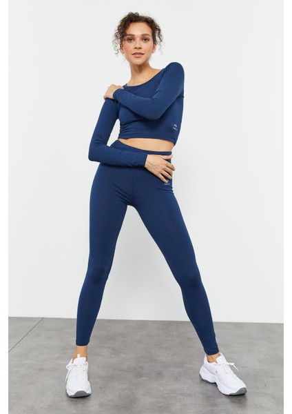İndigo Yüksek Bel Uzun Kollu Slim Fit Crop Top Kadın Tayt Takım - 95286