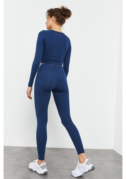 İndigo Yüksek Bel Uzun Kollu Slim Fit Crop Top Kadın Tayt Takım - 95286