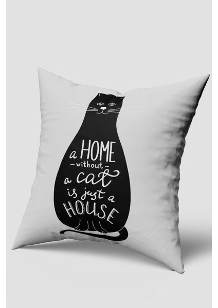 Siyah Beyaz Home Yazılı Kedi Figürlü Kırlent Kılıfı