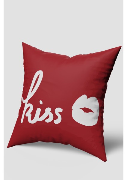 Kırmızı Beyaz Kiss Yazılı Kırlent Kılıfı
