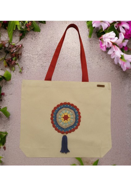 Kanvas Plaj ve Omuz Çantası – El Yapımı Örgü Motifli, Mandala Büyük Boy, Kırmızı Nazar Gözü Modeli