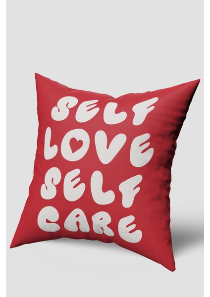 Kırmızı Self Love Self Care Yazılı Kırlent Kılıfı