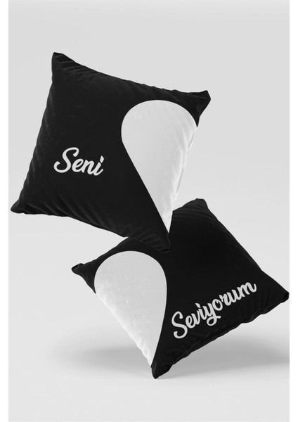 Siyah Beyaz Seni Seviyorum Yazılı 2'li Kırlent Kılıfı Set