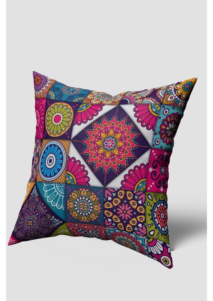 Pembe Mavi Retro Vintage Desenli Kırlent Kılıfı