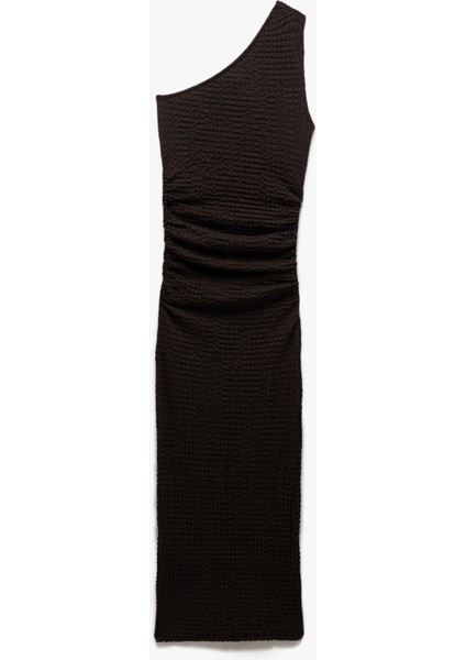 Bürümcük Kumaş Slim Fit Drapeli Midi Tek Omuz Kalem Elbise